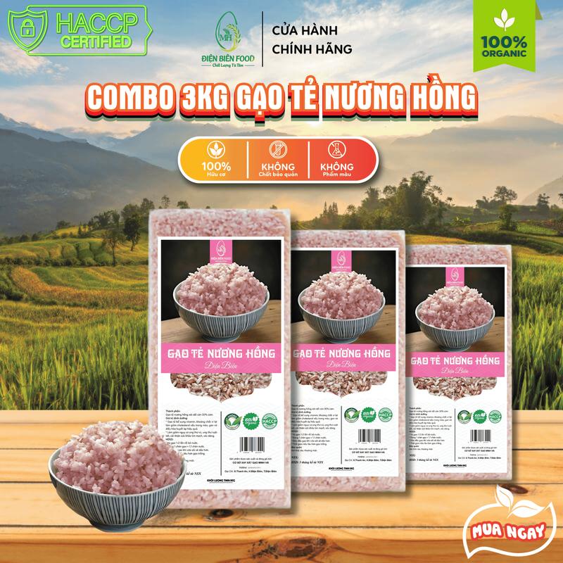 Gạo Tẻ Nương Hồng Điện Biên Gạo Kén Hồng Xát Dối Combo 3kg 3 túi 1kg hút chân không