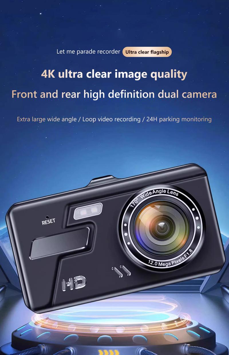 Product Introduction of Driving recorder dual camera HD, ultra clear car recorder  wide-angle night vision device, with reverse view, G sensor 4-inch IPS touch screen recorder 64