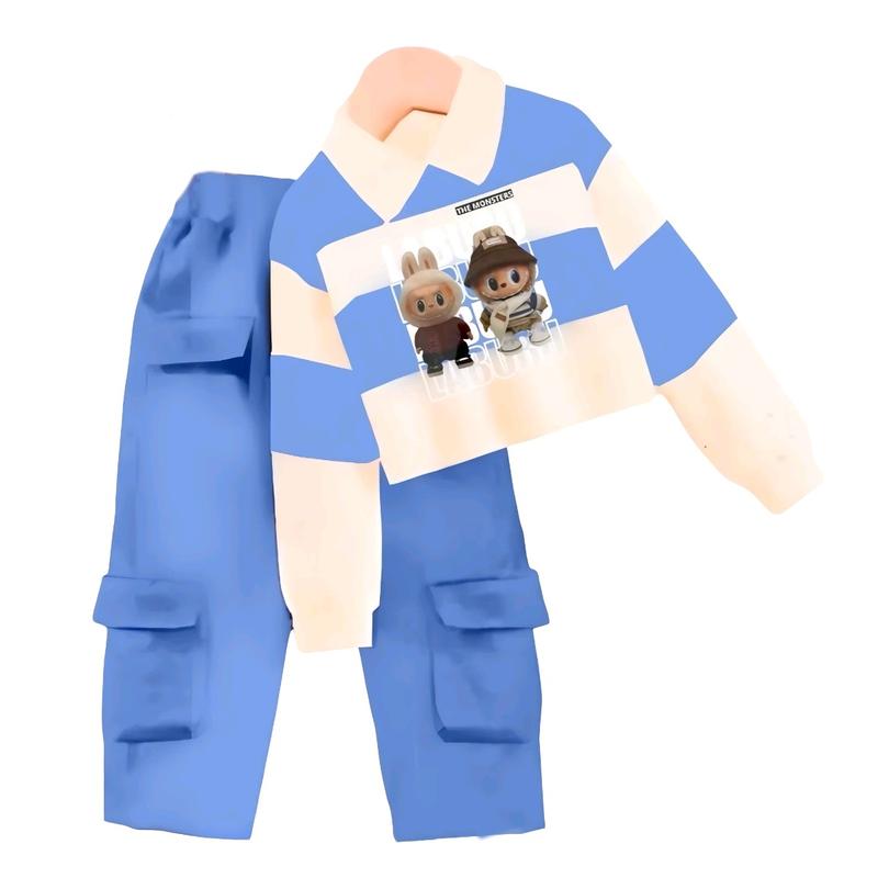 Baju labubu anak lengan panjang set celana joger model kerah usia 3-12 tahun Setelan Fashion 4