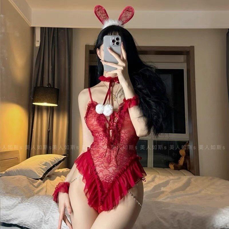 Cosplay thỏ bông hư hỏng đen đỏ dễ thương đáng yêu set ngủ liền thân trang phục giáng sinh noel gợi cảm