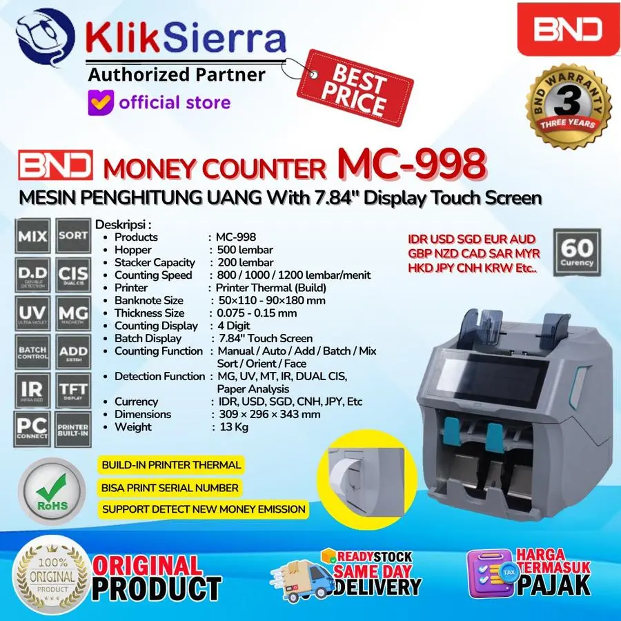 Mesin Penghitung Uang BND MC998 | MC-998 & MC989 | MC-989 Money Counter with 7.84" TFT Dislay - MG, UV, MT, IR, DUAL CIS, Paper Analysis - Money Counter | Bill Counter & Deteksi Uang - 60 Currency (IDR, USD, EURO, etc..) - Support Deteksi Uang Baru