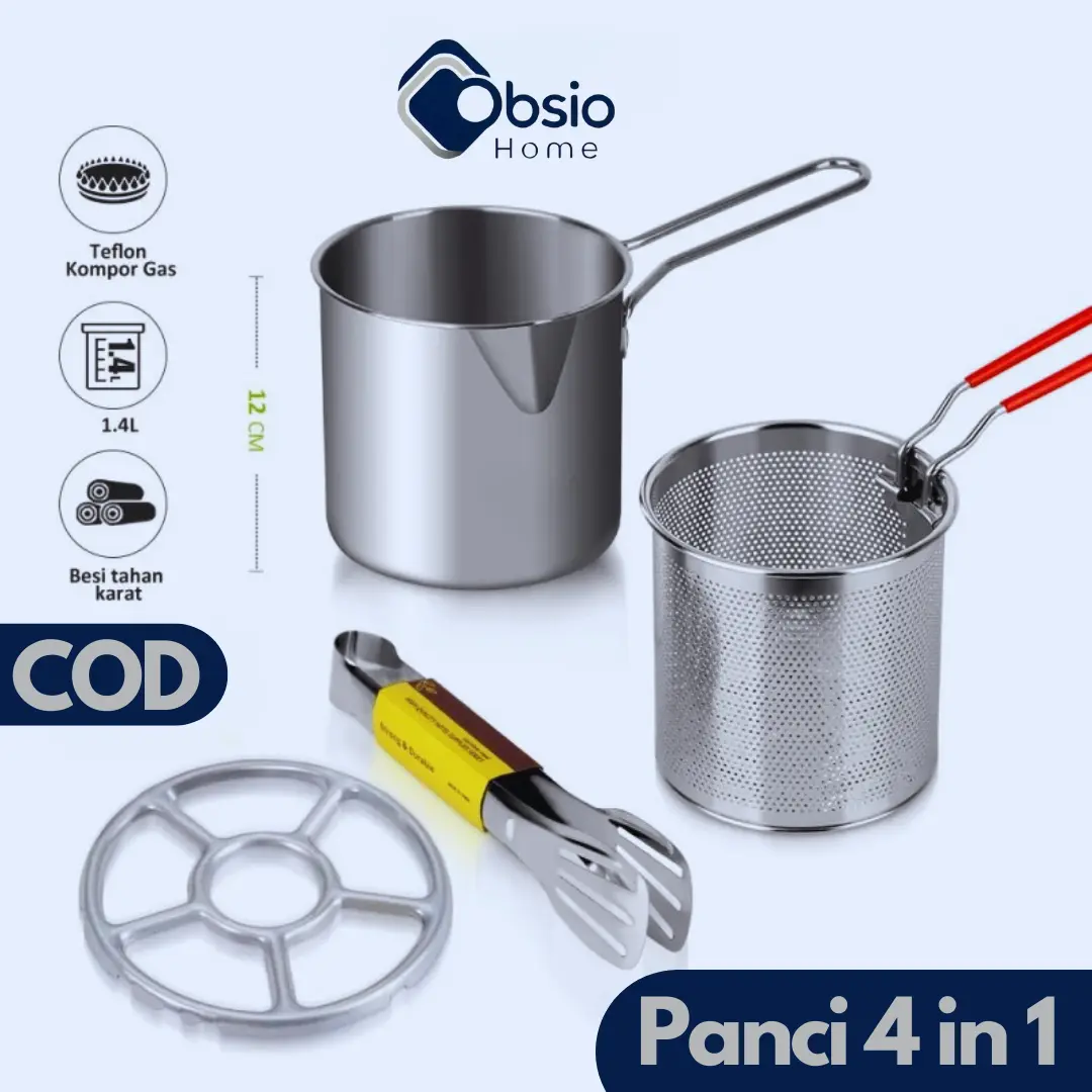 OBSIO Panci Deep Fryer Penggorengan Kentang Perebus Mie Saringan Filter Minyak 1.2L Multifungsi Kitchenware