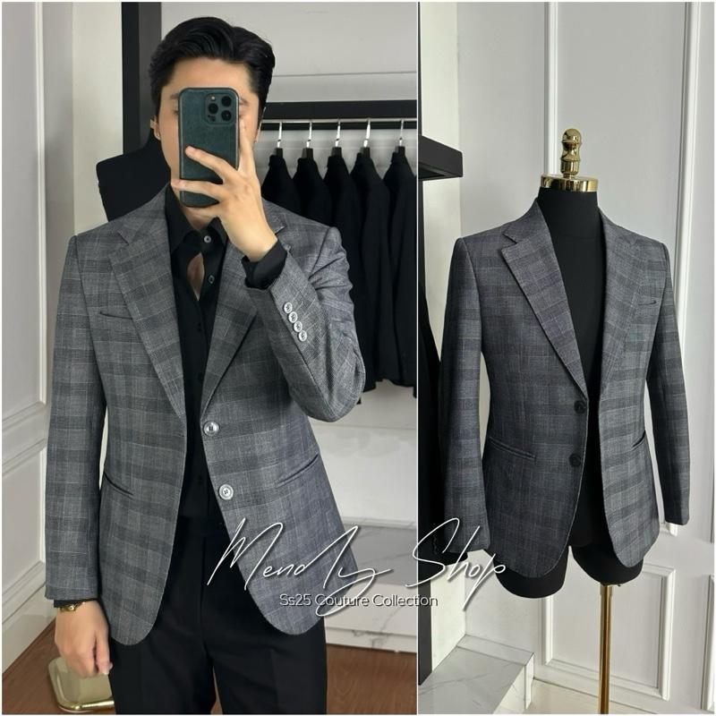 [Tặng Áo Sơ Mi ] Áo blazer vest nam Ghi kẻ xám chất liệu cashmere mỏng Menswear suit namđẹp