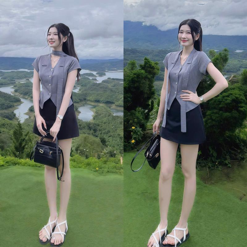 Set đồ nữ áo sọc 2 da cổ V cài nút tay ngắn kèm dây rời phối chân váy ngắn cá tính xinh xắn trẻ trung phù hợp cho các nàng diện đi tiệc đi du lịch