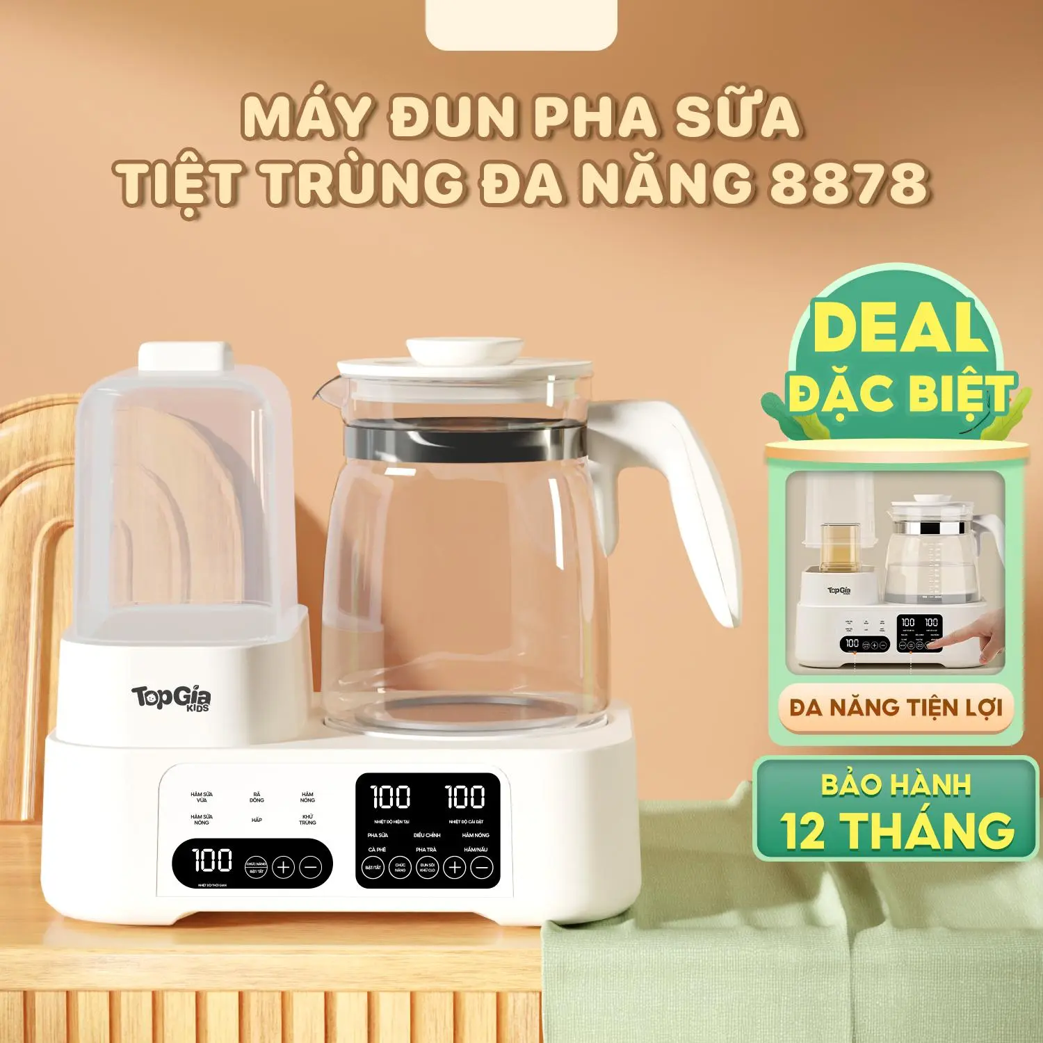 (DEAL SỐC) Máy đun nước hâm sữa và tiệt trùng hơi nước 8878 TOPGIAKIDS, 14 chức năng cho bé có chức năng giữ ấm, giữ nhiệt  Kem