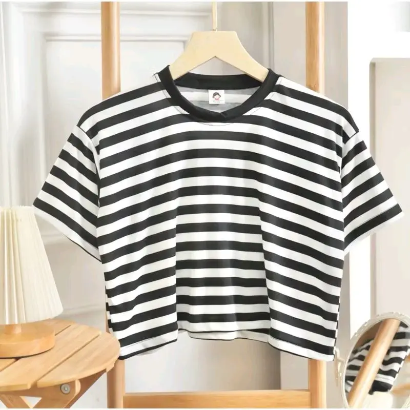 kaos cewek aesthetic | kaos oversize salur cewek, atasan cewek cute Baju Crop 3