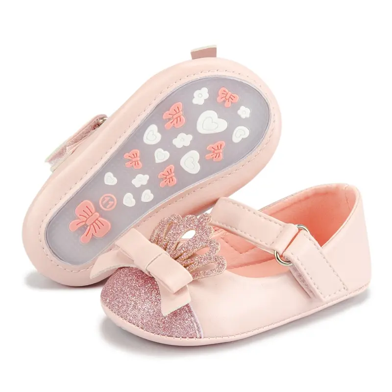 Baby Girls Flats Infant Non-Slip Soft Sole Sequins Crown Prewalkers PU Leather Newborn Bowknot Princess Wedding First Walkers 0-18M