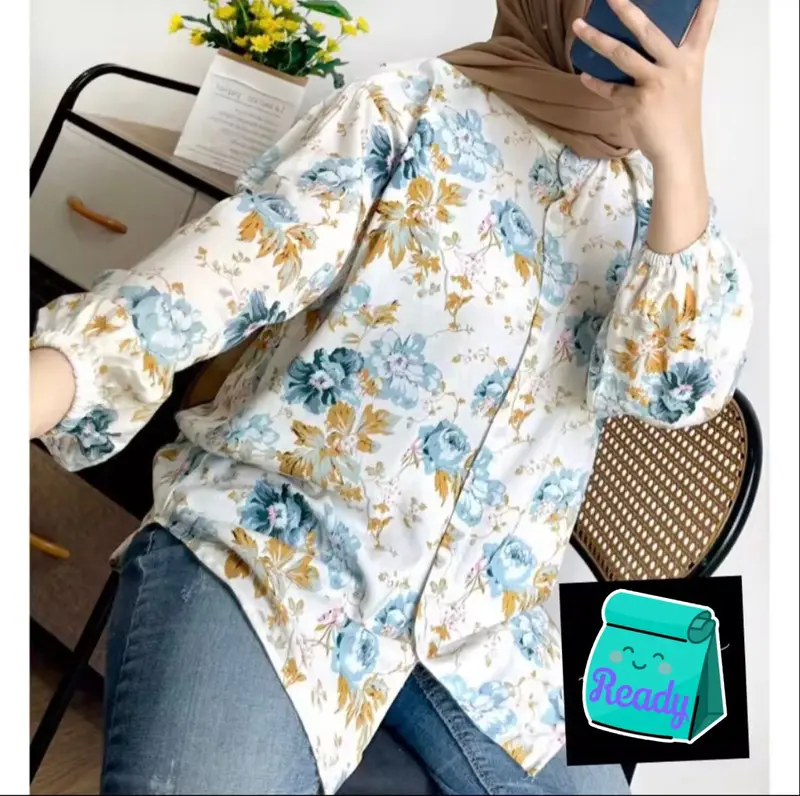 KEMEJA ATASAN KEKINIAN BASIC MOTIF BAHAN RAYON PREMIUM || KEMEJA BLOUS WANITA TERLARIS Panjang Dewasa Baju Busui 7