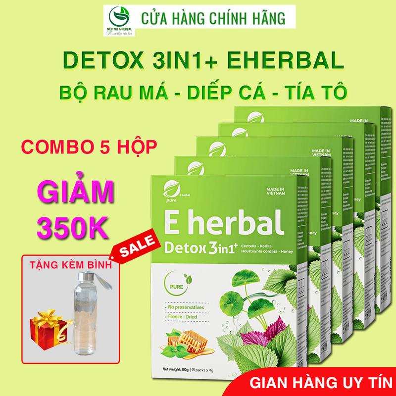   GIẢM 350K  COMBO 5 Bột rau detox 3in1+ Eherbal - Rau má diếp cá tía tô mix mật ong - dễ uống không đường- 2 hộp tặng bình 