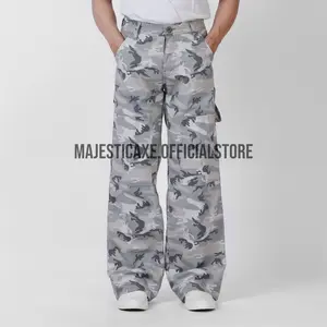 MAJESTIC AXE - Celana Carpenter Loreng Reguler Camo White Blue Saku Banyak Double Knee Vintage
