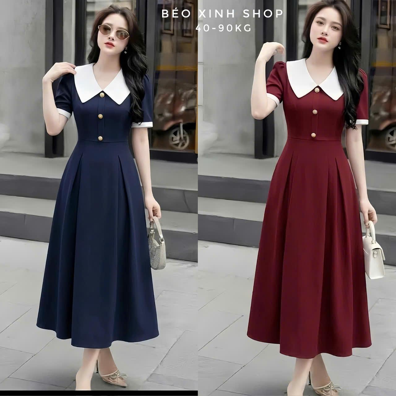Váy Dự Tiệc Nữ Tiểu Thư Phối Cổ Sen Vải Cotton Lạnh Cao Cấp Thanh Lịch Cho Các Nàng Bigsize 40–90kg Thời Trang Nữ Béo Xinh Shop - A.1636