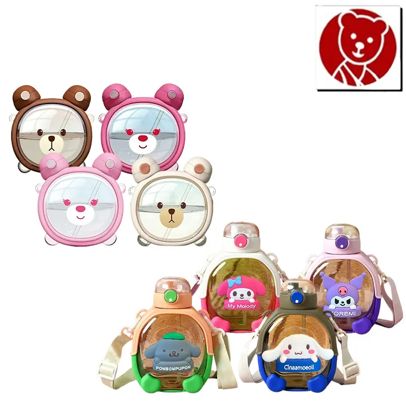 Heenoor Botol Plastik Beruang 2 Cara Minum Lucu +Tali Panjang&Sticker 2D DIY 700&1000ML | HX-307/3031