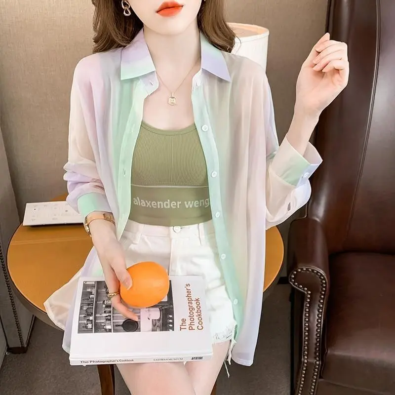 Women's 2024 new thin long-sleeved rainbow fashion shirt with sunscreen 5
