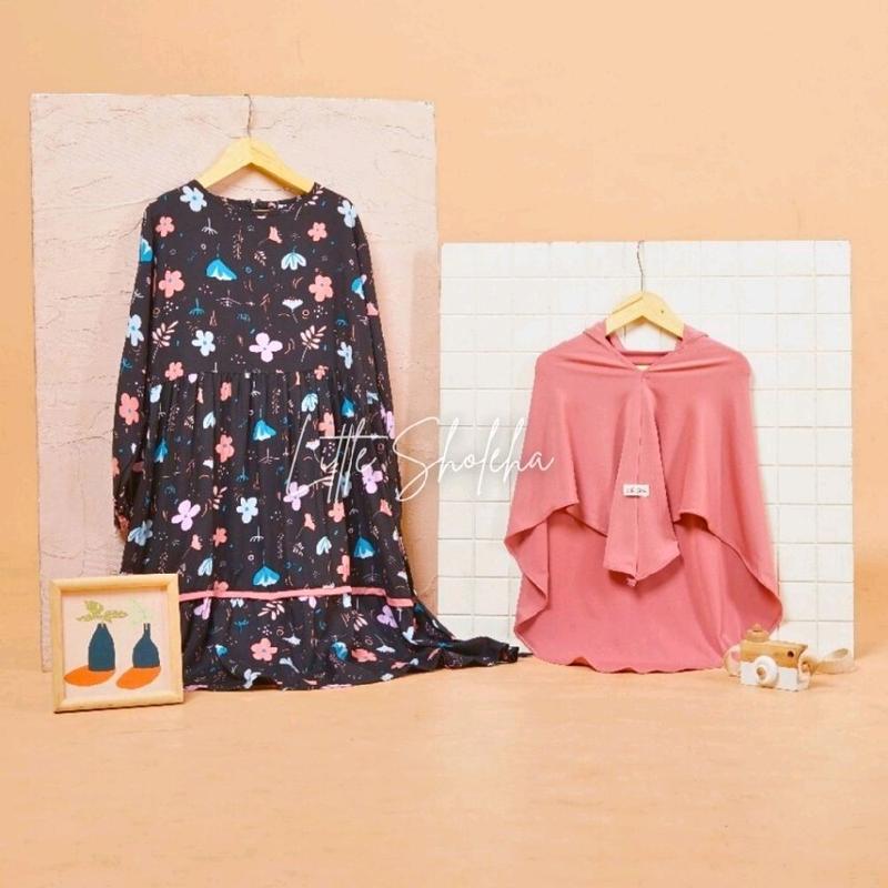 set gamis & hijab anak Bunga Katun Muslim Dress Panjang Baju Motif 5