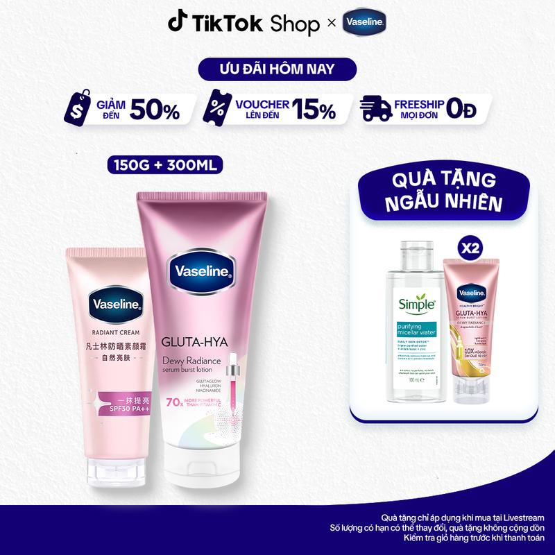 Combo Kem dưỡng sáng da nâng tông tức thì Vaseline Radiant Cream SPF30 PA++ và Vaseline Gluta-Hya Dewy Radiance