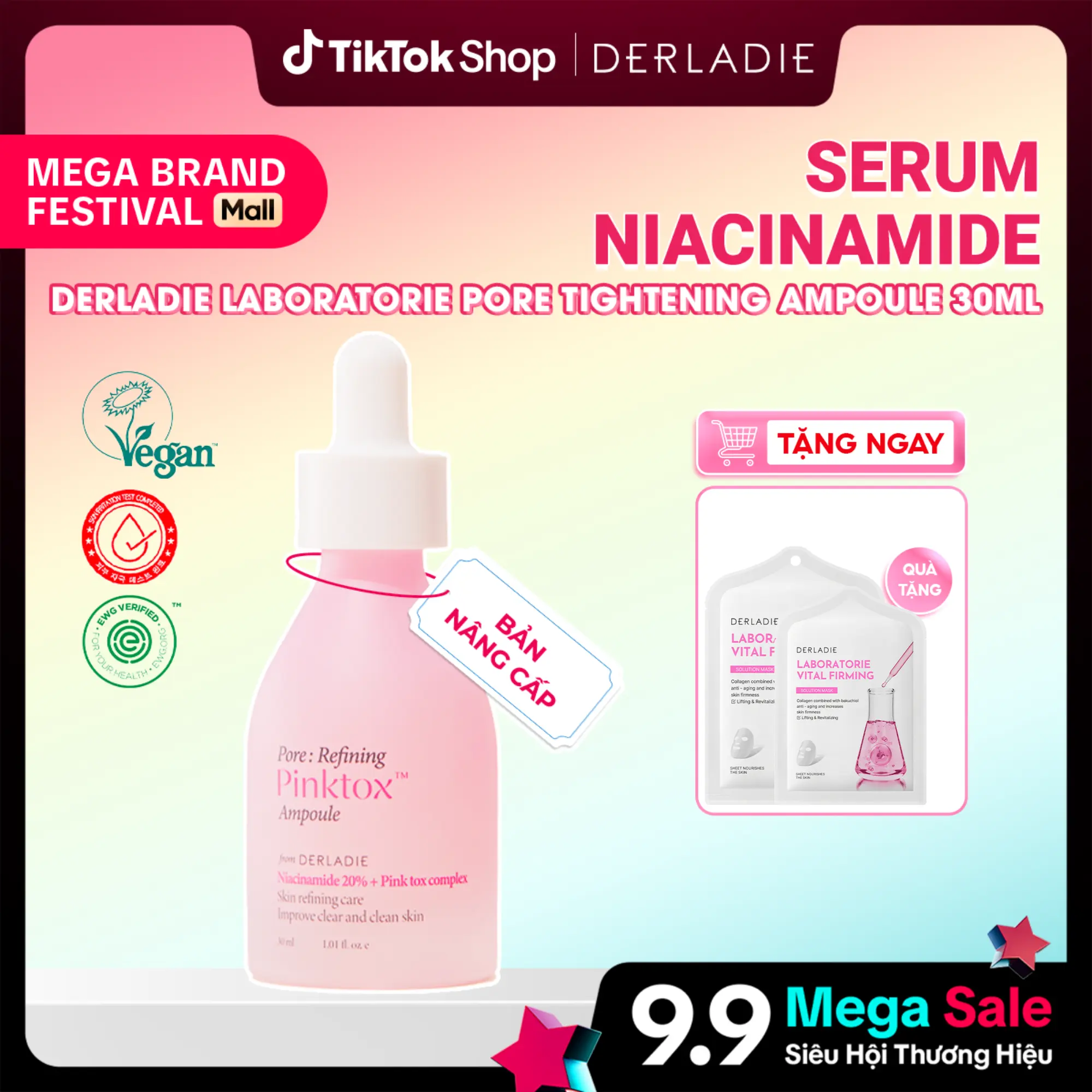 Serum dưỡng sáng da mờ thâm đỏ, chăm sóc lỗ chân lông 2% Arbutin + Pinktox Complex + 20% Niacinamide DERLADIE PORE REFINING PINKTOX AMPOULE 30ml