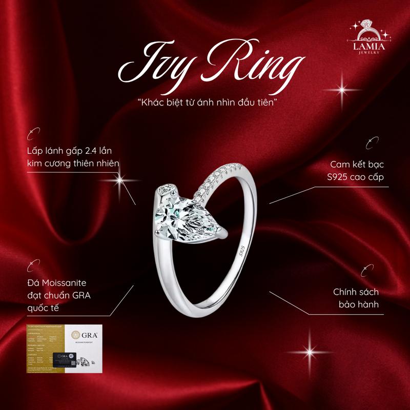 Nhẫn Moissanite IVY RING - Đá dáng giọt nước 6.5 ly nước D kiểm định GRA chuẩn quốc tế