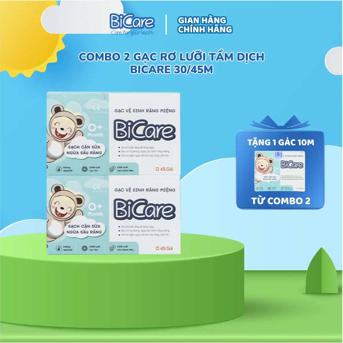 Combo 2 hộp gạc rơ lưỡi thuần chay Bicare  - Gói Tẩm Ẩm Vệ Sinh Răng Miệng Cho Bé Từ Sơ Sinh, Hộp 30/45 gói