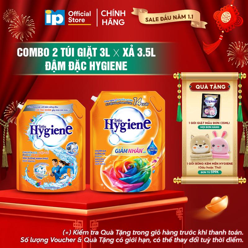  Combo Túi Nước Giặt Đậm Đặc Hygiene 3L x Nước Xả Vải Đậm Đặc Hygiene 3.5L  Dịu Êm  Ánh Dương Hạnh Phúc  Hoa Mẫu Đơn  
