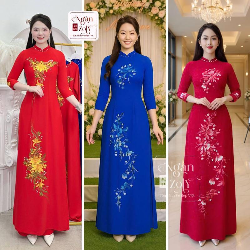  BST Áo dài nữ Lụa Mỹ thêu hoa thủ công cao cấp 