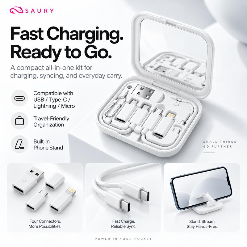Bộ cáp sạc đa năng SAURY SNC (bao gồm các bộ chuyển đổi cho cổng USB‑C, USB‑A, Lightning và Micro USB), tích hợp giá đỡ điện thoại và hộp đựng lưu trữ tiện dụng.
