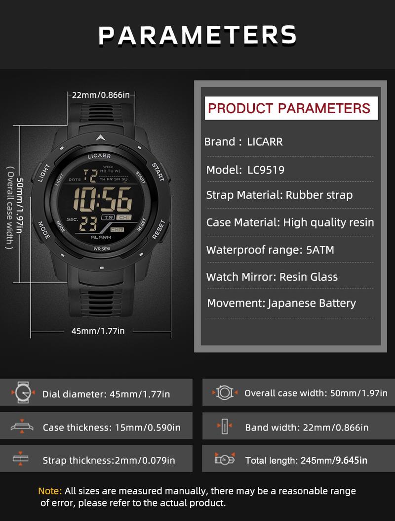 Product Introduction of LICARR Brand Sports Men's Digital Watch Waterproof Casual Watches 9519 38