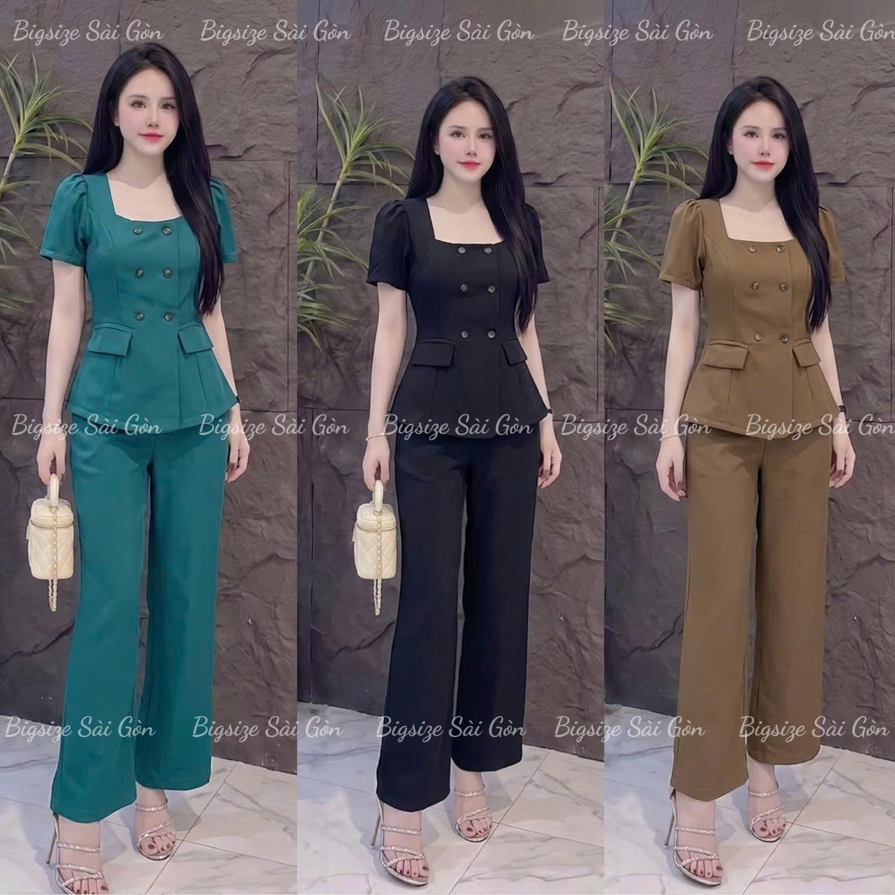 Set Quần Áo Nữ Áo Nữ Cổ Vuông Phối Nút Quần Ống Suông Vải Cotton Lạnh Cao Cấp Dễ Thương Nữ Top Women Xoè - A.1790