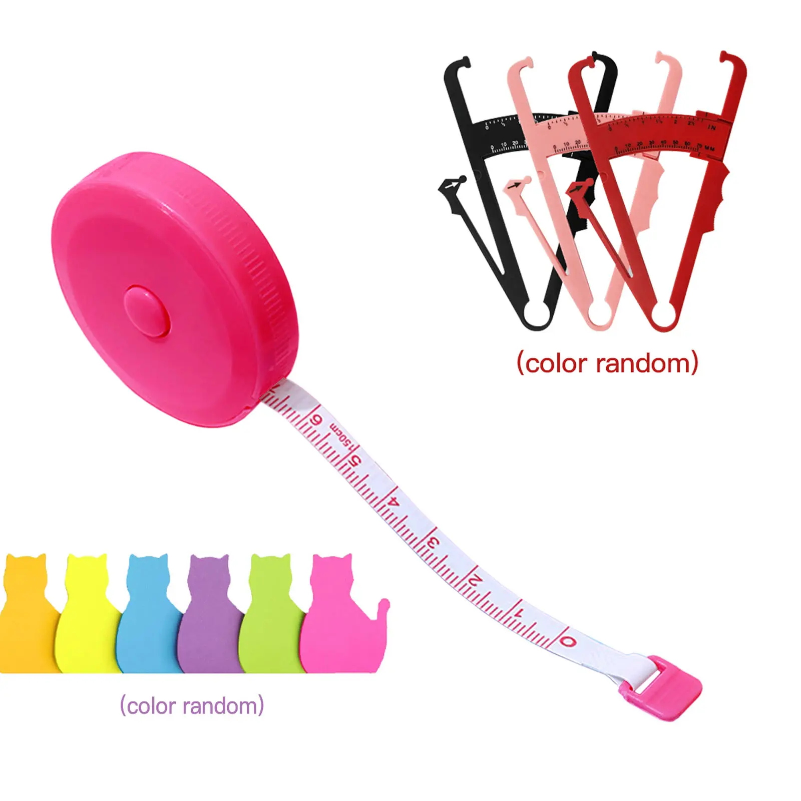 1 Set of Multifunctional Measuring Magic Tool Kit, including keychain tape measure, skinfold caliper for measuring fat thickness (color random), cute animal-shaped sticky notes (color random)