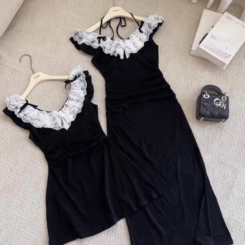 Váy thun body zip cổ thuyền phối bèo, 2 độ dài mini & midi, váy điệu đà tiểu thư, hàng quảng châu đẹp 4