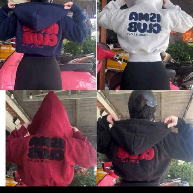  ISMA CLUB Áo khoác nỉ bông dáng croptop thêu chữ ISMA CLUB 2 túi ngoài 2 túi trong tay xỏ ngón form croptop thời trang 