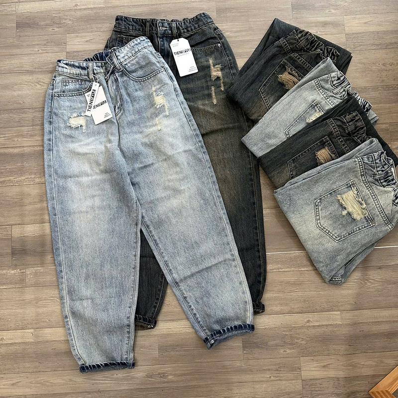  TIENSTYLE - Quần Jean Baggy Nữ Lưng Thun Chun Cào Rách Chất Denim Mềm Mịn Dài 95Cm Quần Boy thụng Quần Dài Nữ Bigsize 