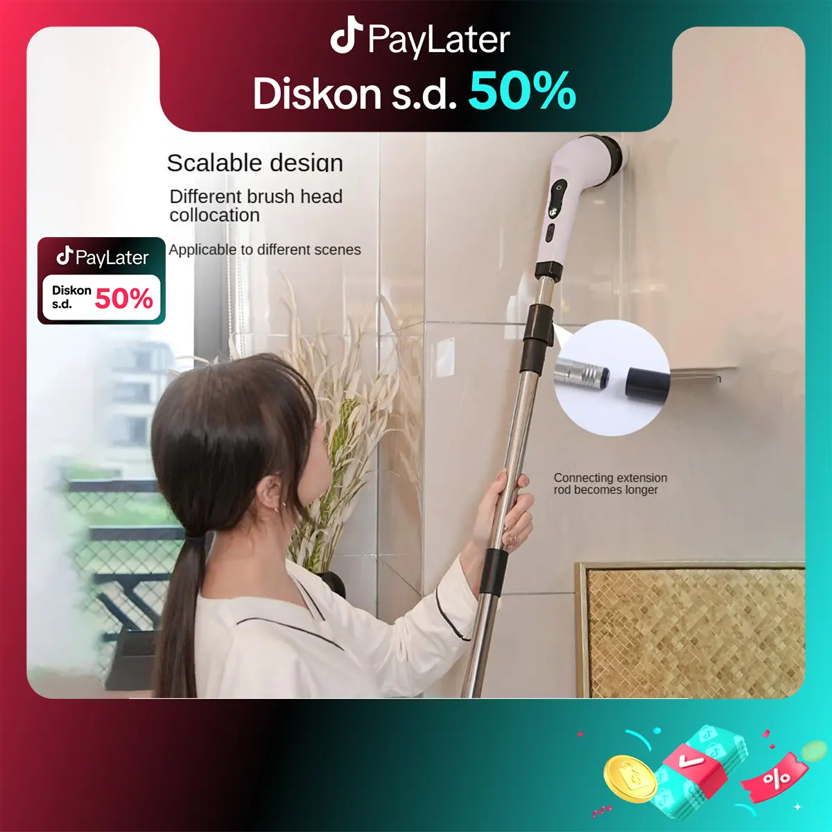 Electric Spin Scrubber Sikat Pembersih Tanpa Kabel Baru 9 Kepala Sikat yang Dapat Diganti Gagang Dapat Disesuaikan cleaning brush