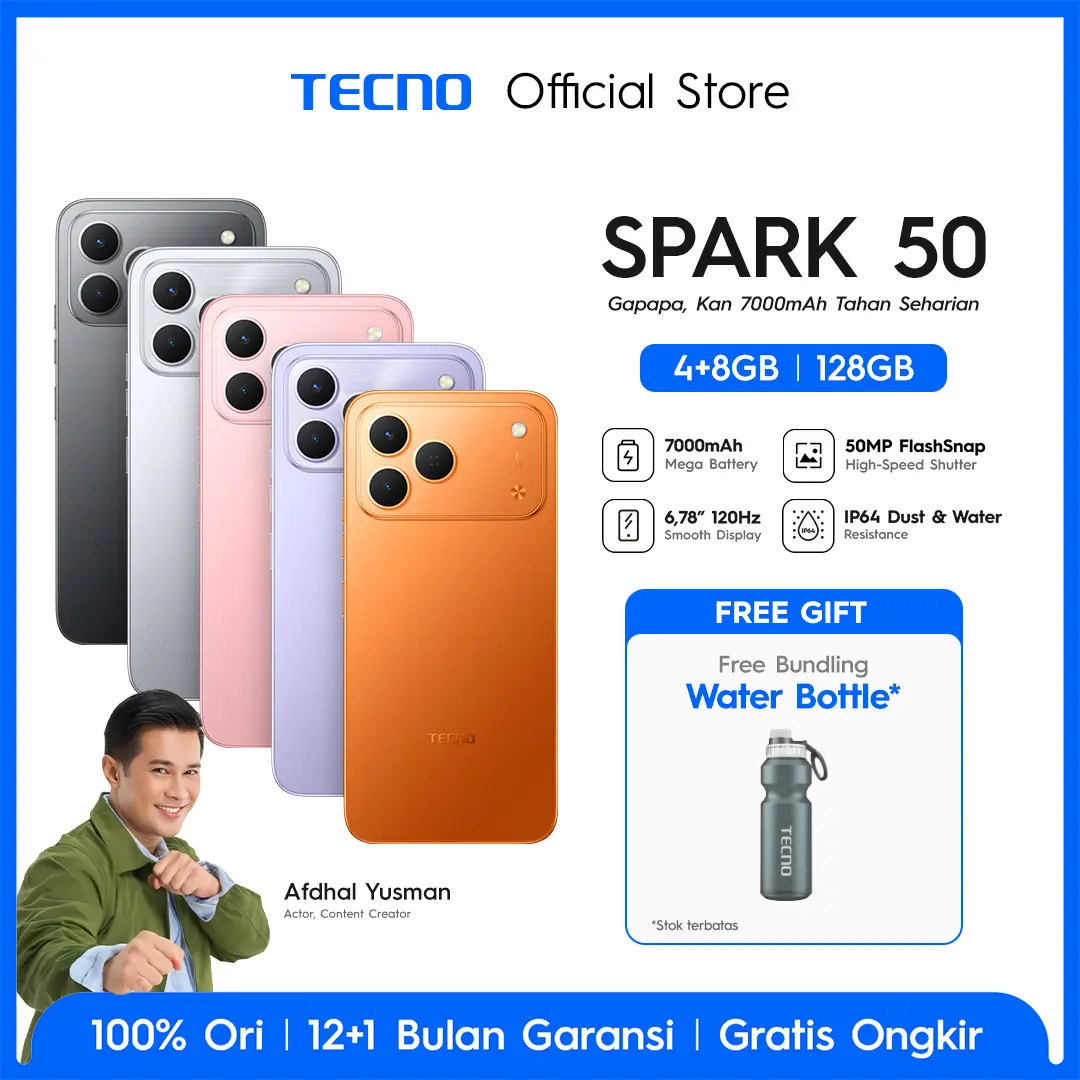 [Afdhal Yusman] TECNO SPARK 50  - 4+8GB*/128GB, 7000mAh Mega Battery, 50MP AI Camera + FlashSnap, 120Hz 6.78" Smooth Display, IP64 High Durability - SPARK50