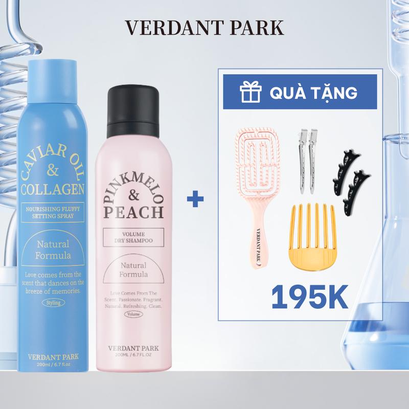 Combo xịt dưỡng giữ phồng tóc và xịt khô phồng tóc VERDANT PARK gel tạo kiểu tóc lâu bết giữ nếp tóc không gây cứng tóc Caviar Oil & Collagen Nourishing Fluffy Setting Spray dầu gội khô kiềm dầu lâu bết Pinkmelo Peach Verdantpark COMBO83 COMBO84