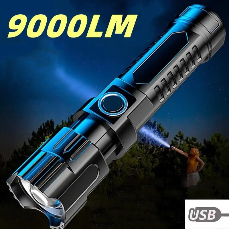 Đèn Pin Siêu Sáng Ngoài Trời, LED, Đèn Pin Chiến Thuật, Có Pin Có Thể Sạc Lại, Thích Hợp Cho Cắm Trại Ngoài Trời, Đi Bộ Đường Dài, Câu Cá Ban Đêm, 9000LM