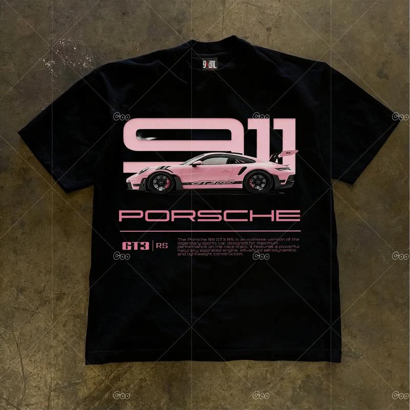 （24H SHIP）Áo thun nam nữ casual - In Porsche 911 GT3 RS xe hồng - Phong cách đua xe cá tính đường phố - Mềm mại thoải mái - Cổ tròn tay ngắn - Kiểu dáng rộng - Thời trang dễ phối - Vải co giãn thoáng khí - Áo trên thoải mái