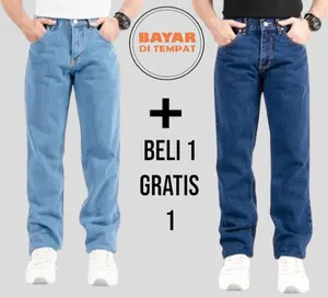{ DISKON 100 RIBUAN DAPAT 2 } Celana Jeans Pria Standar Biru Muda Jins Panjang Reguler Basic Lebar
