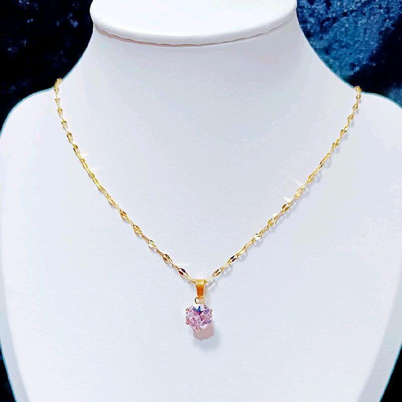  Dây chuyền titan lá me khoá tròn đá hồng nhạt màu vàng 45cm không rỉ không đen. 