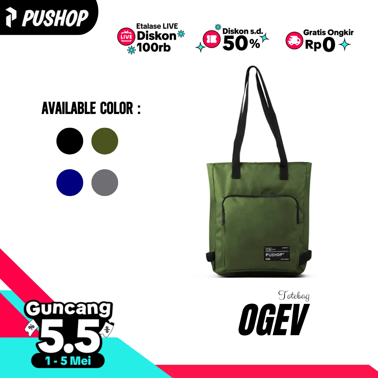 PUSHOP Totebag Wanita OGEV - Tas Jinjing Uniseks Cewek Cowok Tas Belanja Casual Polos