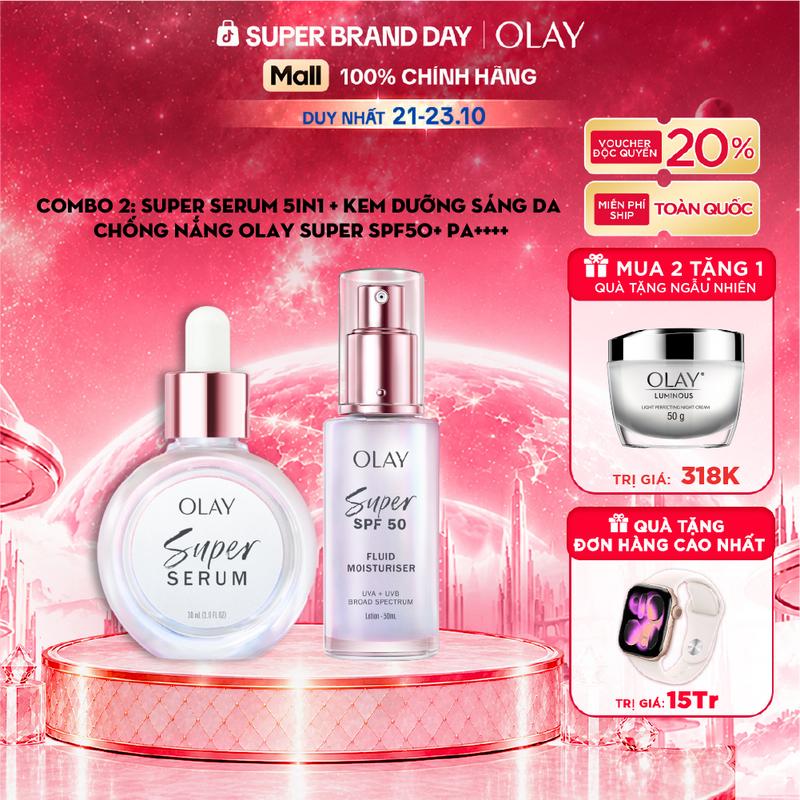 Combo 2: Super Serum 5in1 + Kem dưỡng sáng da chống nắng mỏng nhẹ Olay Super SPF50+ PA++++ dưỡng da, chống nắng, lớp lót makeup 3in1 50ml