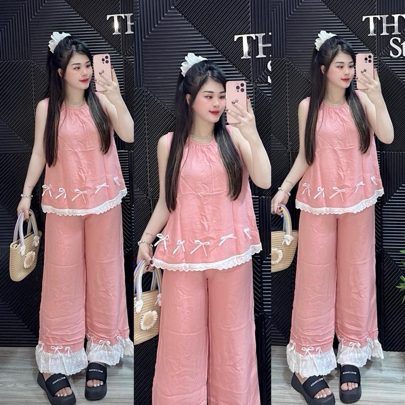 47-59kg- Set đũi mềm Áo babydoll sát nách màu kem vạt ren may nơ , quần ống rộng lưng thun dài 91cm có túi