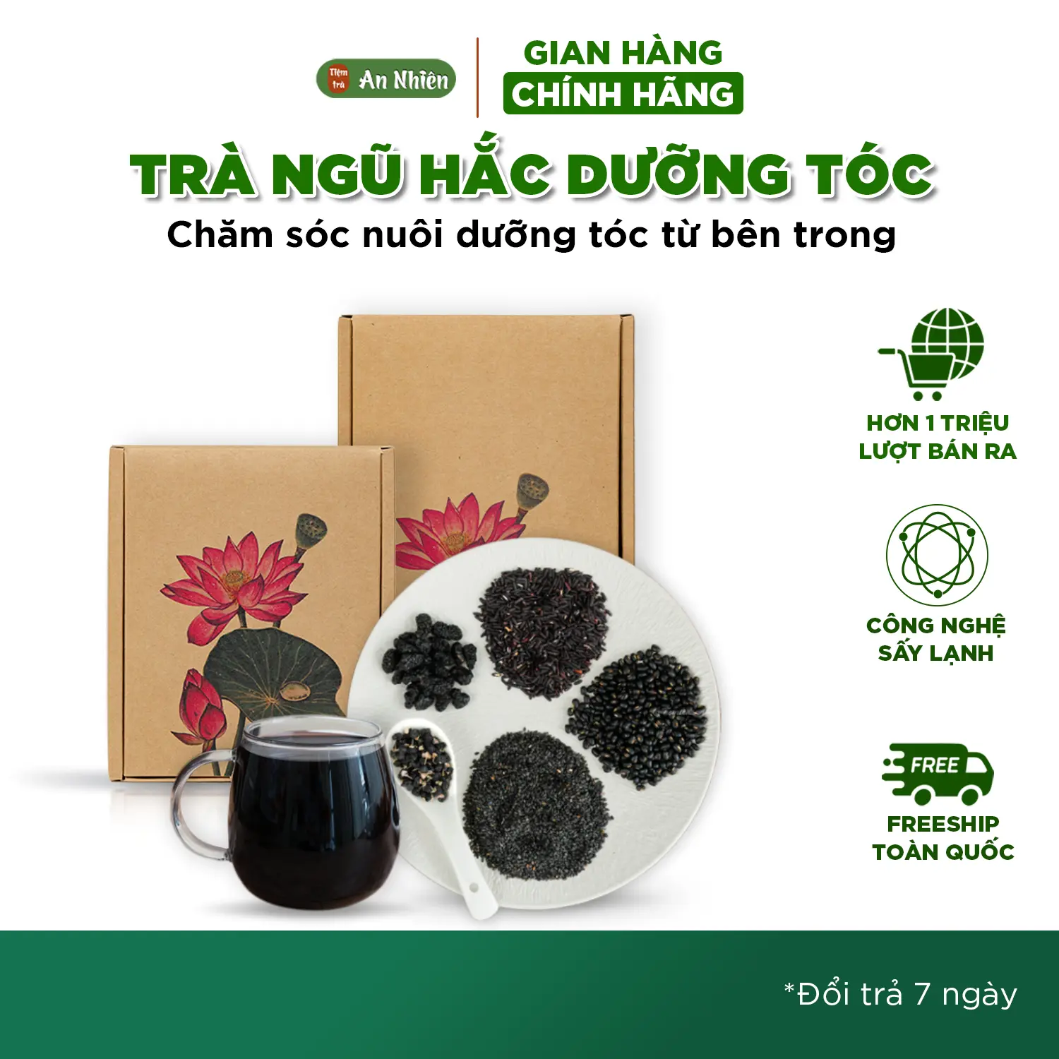 Trà Ngũ Hắc An Nhiên, hỗ trợ dưỡng tóc  khoẻ, đen tóc, tóc rụng yếu, Nguyên liệu sấy lạnh, Nước Trà Tea