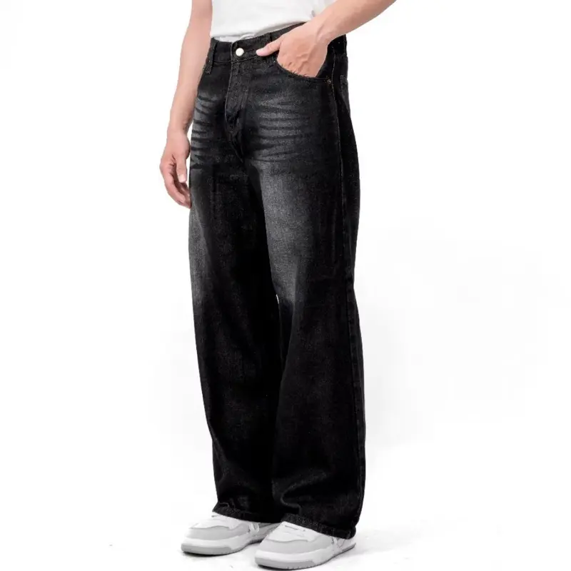 (UNISEX) Celana Jeans Wide Leg Wisker Lebar Gombrong Skena Black -Basic Baggy Pants Hitam - Panjang Pria Denim Straight - Non  Stretch - Non  Slim Fit 1