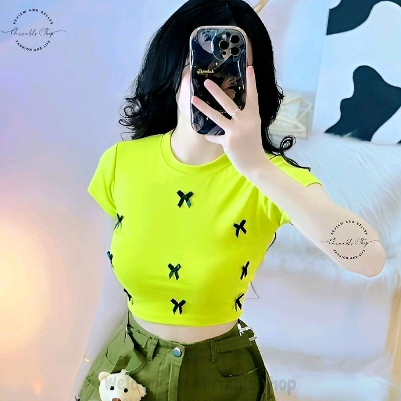 Áo Thun Croptop Borip Ôm Body Nữ Form Basic Cổ Tròn Tay Ngắn Đính Nơ (9 Cái), MLS112, Women Kem S T-shirts Sò Dáng Ngắn