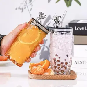 gelas kaca beruang tinggi free sedotan +kotak ko