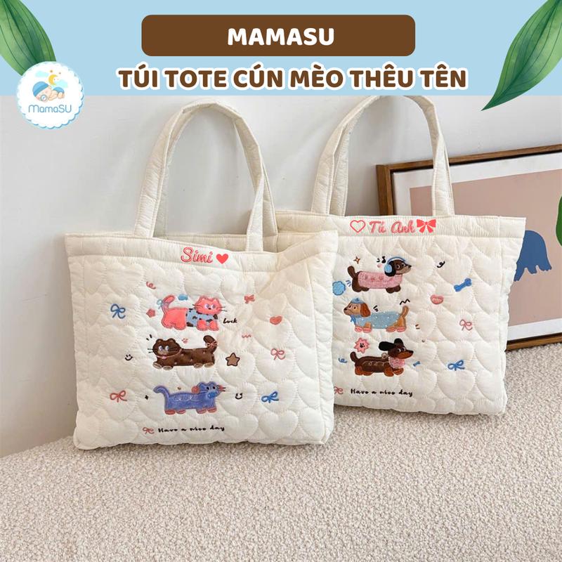   THÊU TÊN  Túi Xách Trần Bông Thêu Hình Mèo Cún Con Dễ Thương Túi Tote Thêu Tên Theo Yêu Cầu Vừa Laptop 14inch 