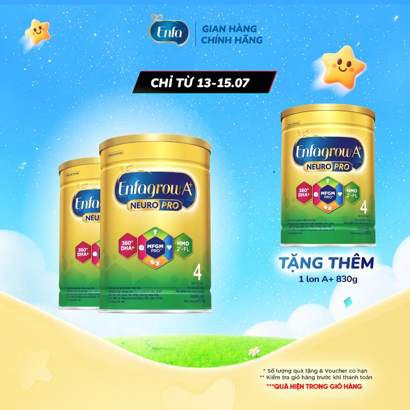 [Tặng 1 lon 830g cùng loại] Bộ 2 lon sữa bột Enfagrow A+ Neuropro 4 với DHA giúp phát triển não bộ cho trẻ từ 2-6 tuổi - 1.7kg/lon