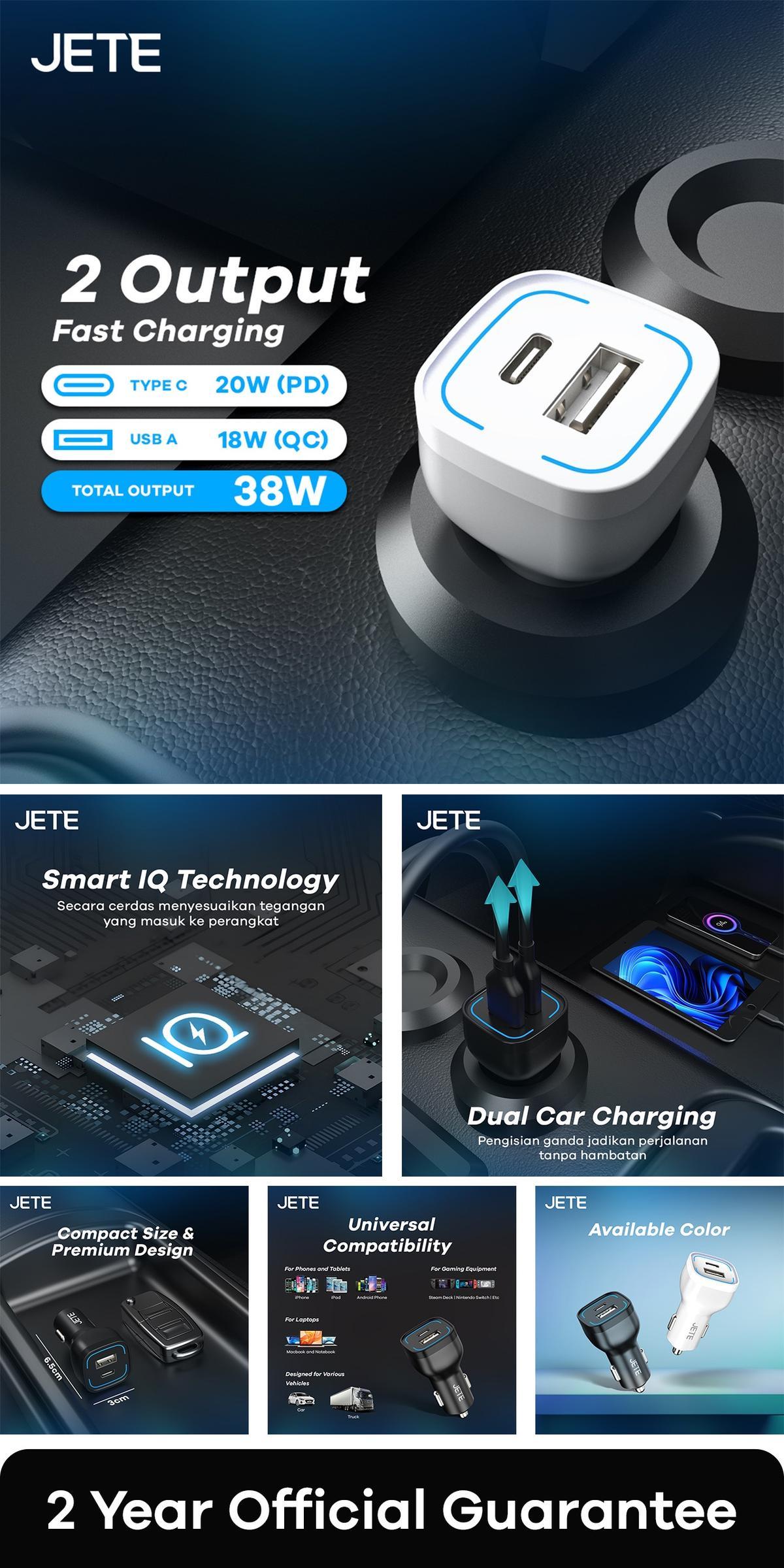 Promo Charger Mobil JETE R3 Dual Output USB & Type-C PD 38W Garansi 2 ...
