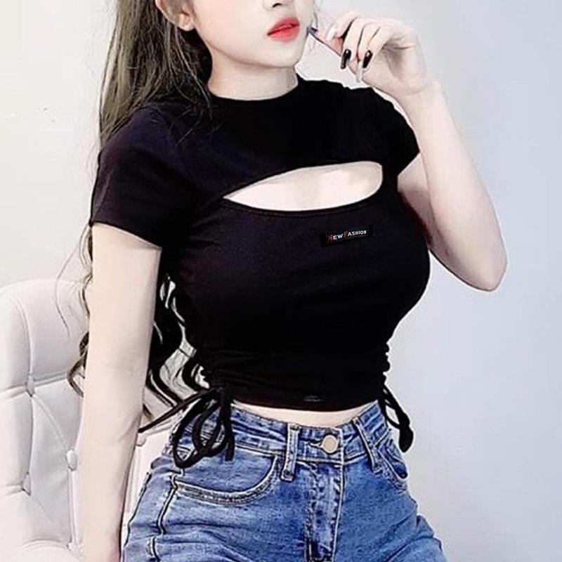  Áo thun nữ TN kiểu croptop rút dây hở ngực kèm logo Cổ Tròn Women Kem  Màu Trắng Nhung 