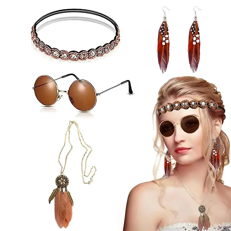 4 Pieces Bohemian Costume Accessories, Tassel Long Pendant Necklace Feather Earrings Sunglasses Headband Set